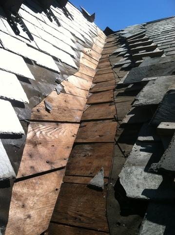 Before installing the ice & water shield our crew strips back all of the slates to ensure the wood underneath is not severely damaged.