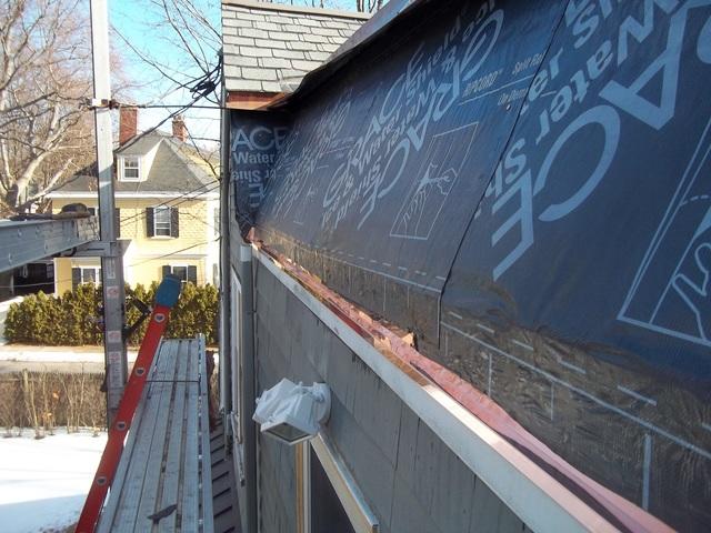 Before installing the gutter, our crew applies ice & water shield. This will solve many of the issues the customer experienced in the past, as this will prevent water from leaking in behind the new gutter.