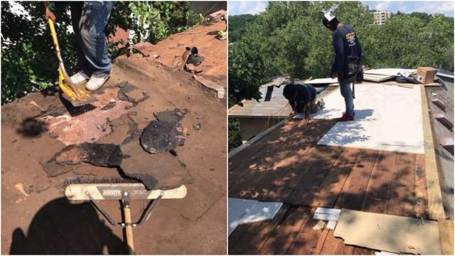 Our crew sweeps up the last few pieces of the existing roof and then prepares the roof for the new underlayments that will be installed.