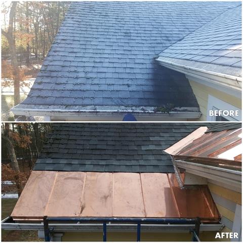 This before and after shows the left side of that first picture. This side was done similar to the other, with the copper panels being installed along with new shingles.
