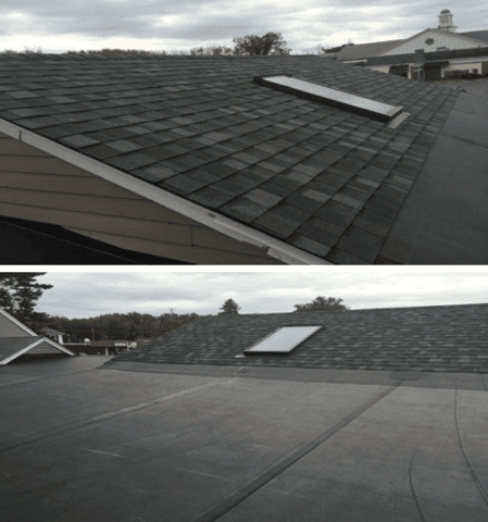 The job has been completed, and a few different angles show how the new shingles were installed around the skylight.
