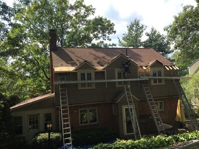 Our crew is installing the new plywood, which will give the roof a more secure foundation to install the new shingles on top of.