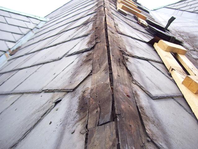 With the slates removed the years of damage to the wood below is clear as well. This will be replaced before the project continues.
