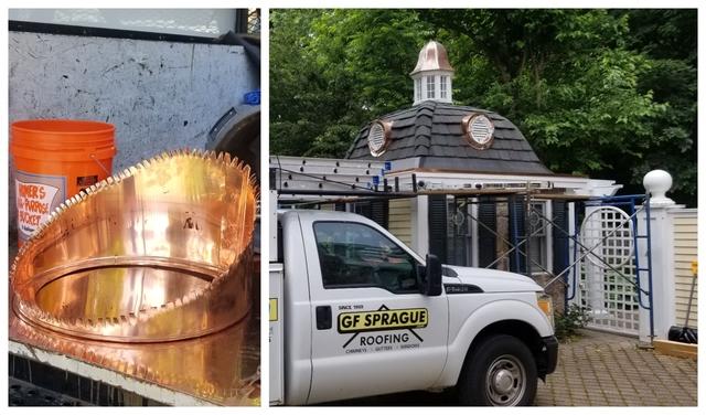 On the left you can see a closeup of the custom fabricated copper piece, and on the right you can see it installed on the new roof!