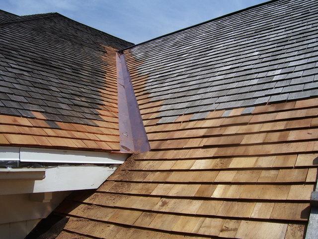 Finished work of wood shingles and copper valleys.
