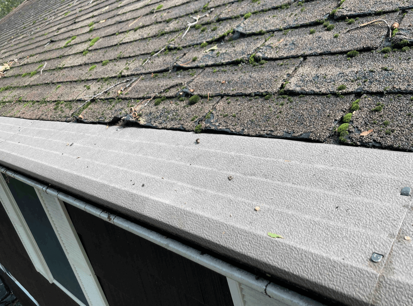 Crumbling asphalt shingles bordering the gutter cover. This is a recipe for disaster.