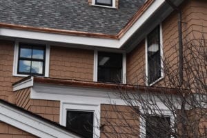 Copper Gutters on an Asphalt Shingle roof in Wellesley, MA